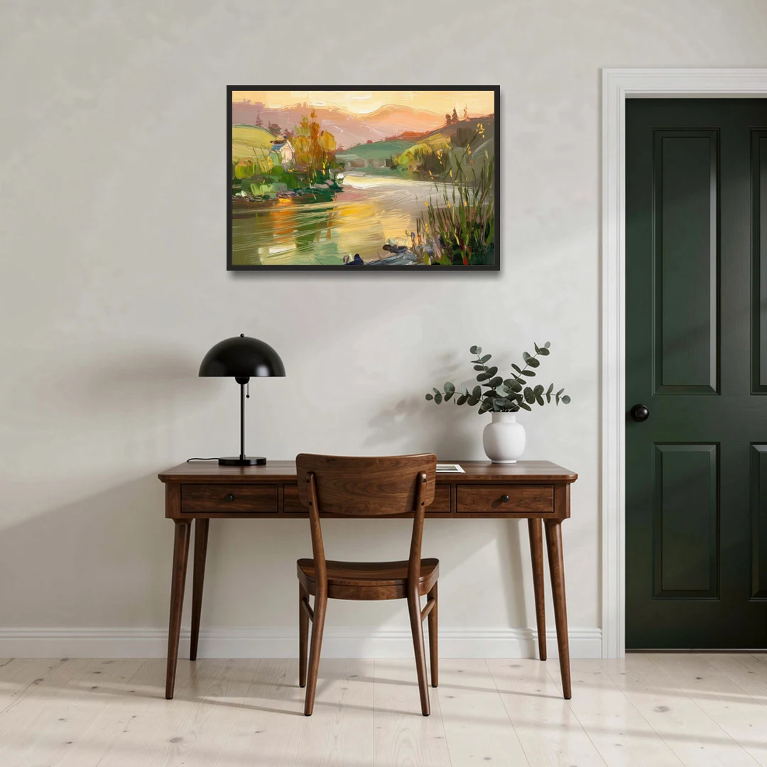 Ashland Riverfront Scene - Black Framed Canvas Wall Art - Office - 36x24