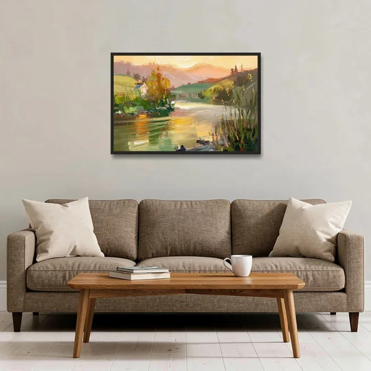 Ashland Riverfront Scene - Black Framed Canvas Wall Art - Sofa - 36x24