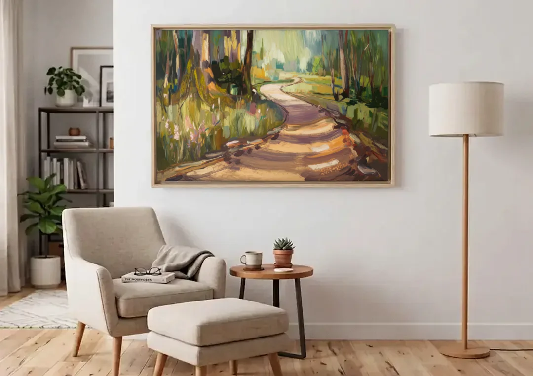 Ashland Scenic Trails canvas wall art above an armchair in a bright living room