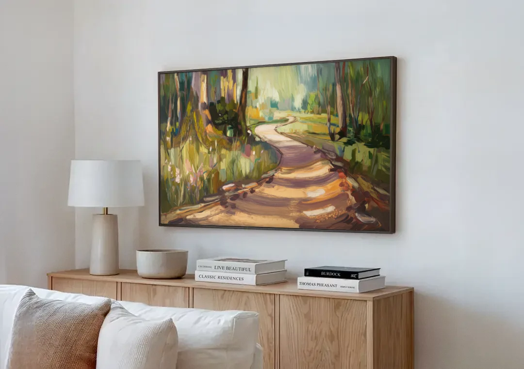 Ashland Scenic Trails canvas wall art above a wooden sideboard next to a sofa