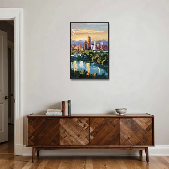 Ashland Skyline at Sunset - Black Framed Canvas Wall Art - Coffee Table - 24x36