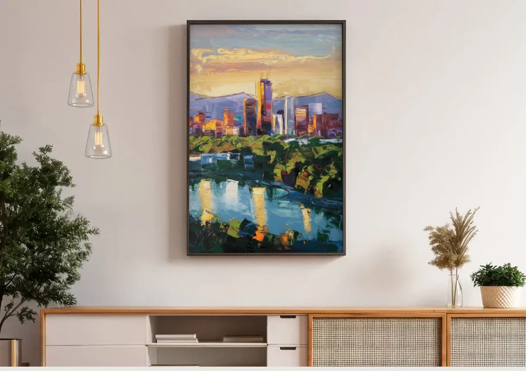 Ashland Skyline at Sunset canvas wall art above a wooden sideboard under pendant lights