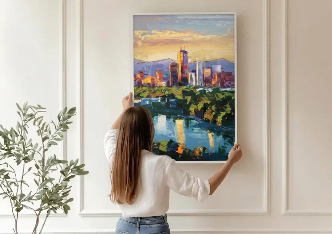 Ashland Skyline at Sunset canvas wall art being hung on a paneled wall
