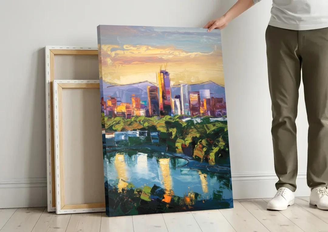 Ashland Skyline at Sunset canvas wall art leaning against a wall next to blank canvases