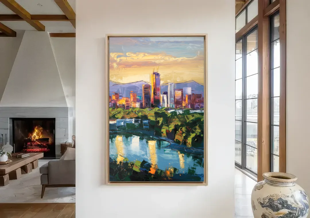 Ashland Skyline at Sunset canvas wall art in a living room with a fireplace
