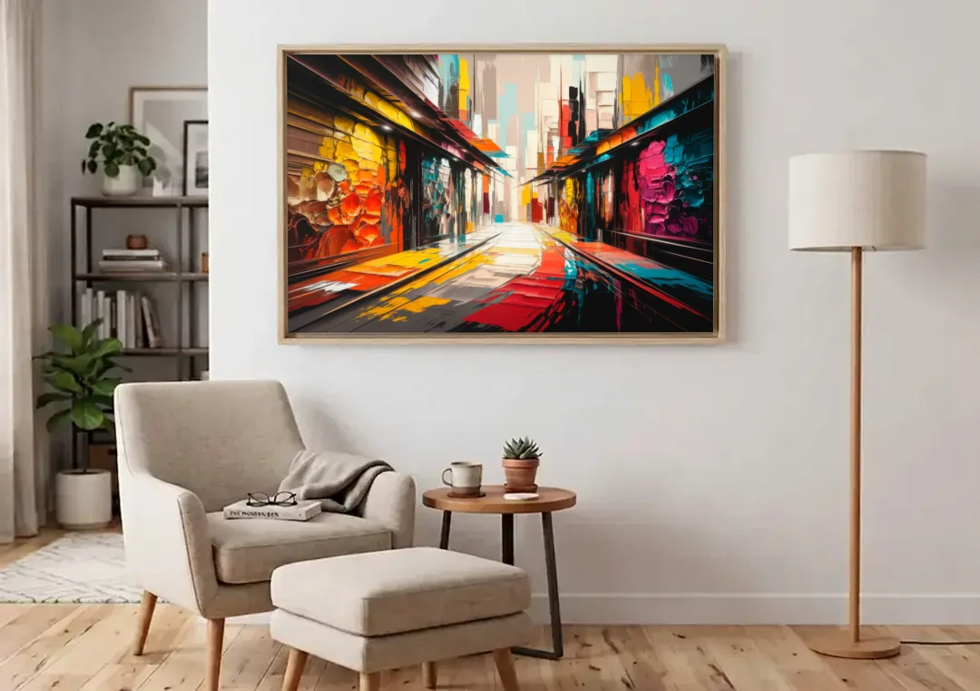 Ashland Street Art Vibes canvas wall art above an armchair in a bright living room