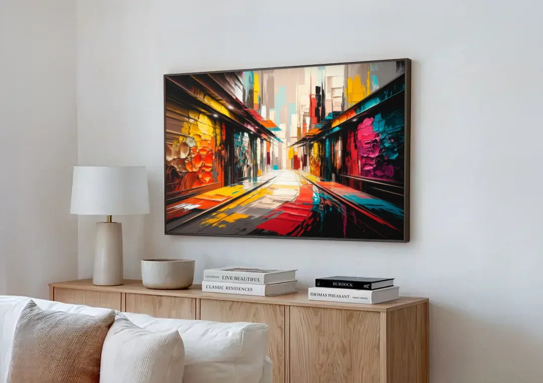 Ashland Street Art Vibes canvas wall art above a wooden sideboard next to a sofa