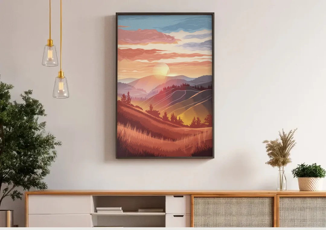 Ashland Sunrise Over Hills canvas wall art above a wooden sideboard under pendant lights