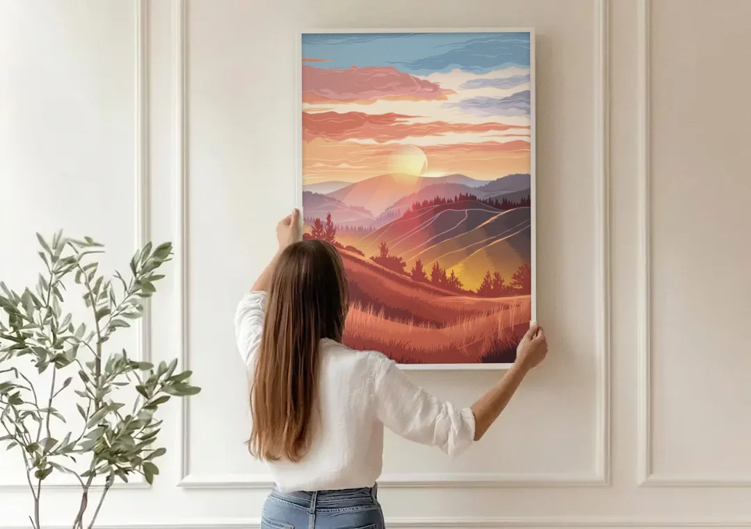 Ashland Sunrise Over Hills canvas wall art being hung on a paneled wall