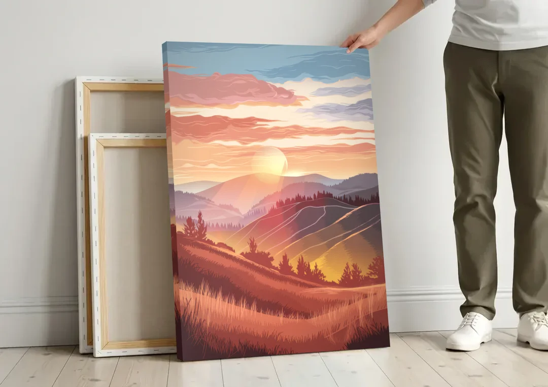 Ashland Sunrise Over Hills canvas wall art leaning against a wall next to blank canvases