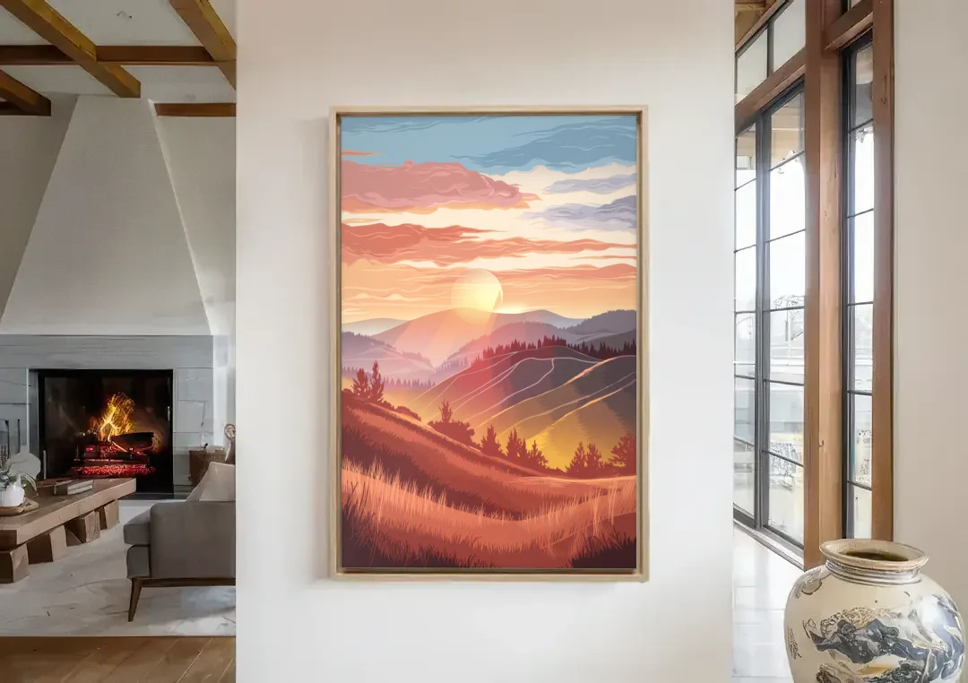 Ashland Sunrise Over Hills canvas wall art in a living room with a fireplace