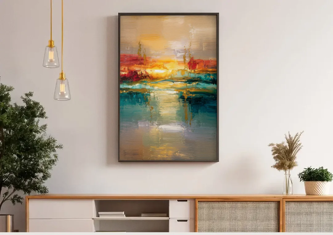 Ashland Sunset Horizon canvas wall art above a wooden sideboard under pendant lights