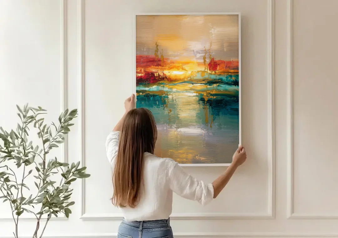 Ashland Sunset Horizon canvas wall art being hung on a paneled wall