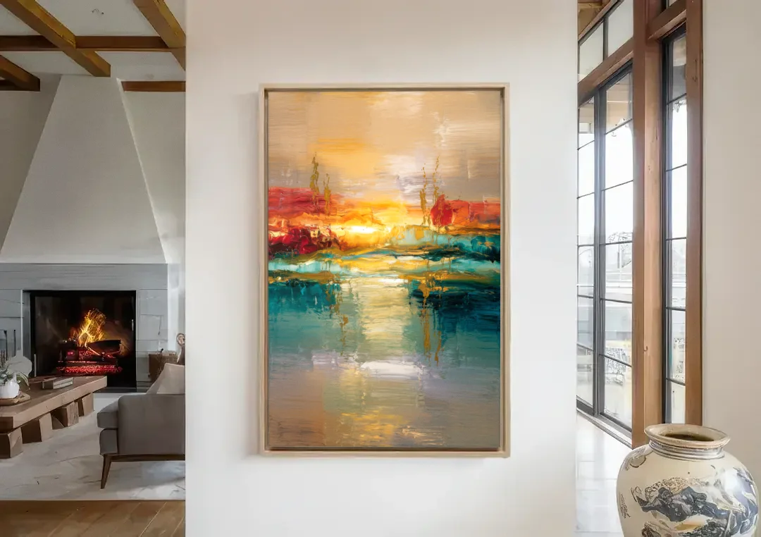 Ashland Sunset Horizon canvas wall art in a living room with a fireplace