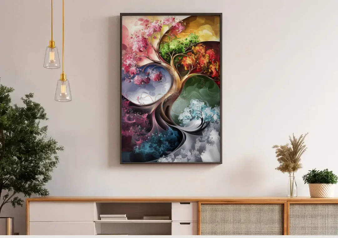 Ashland Vibrant Seasons canvas wall art above a wooden sideboard under pendant lights