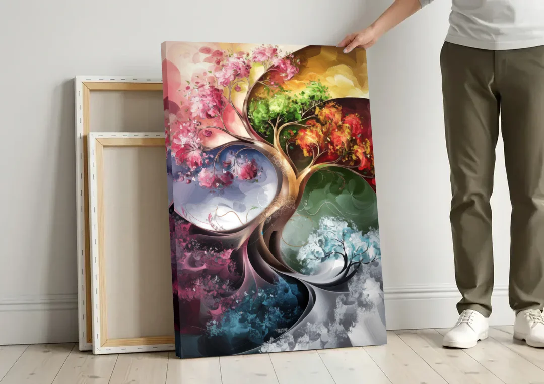 Ashland Vibrant Seasons canvas wall art leaning against a wall next to blank canvases