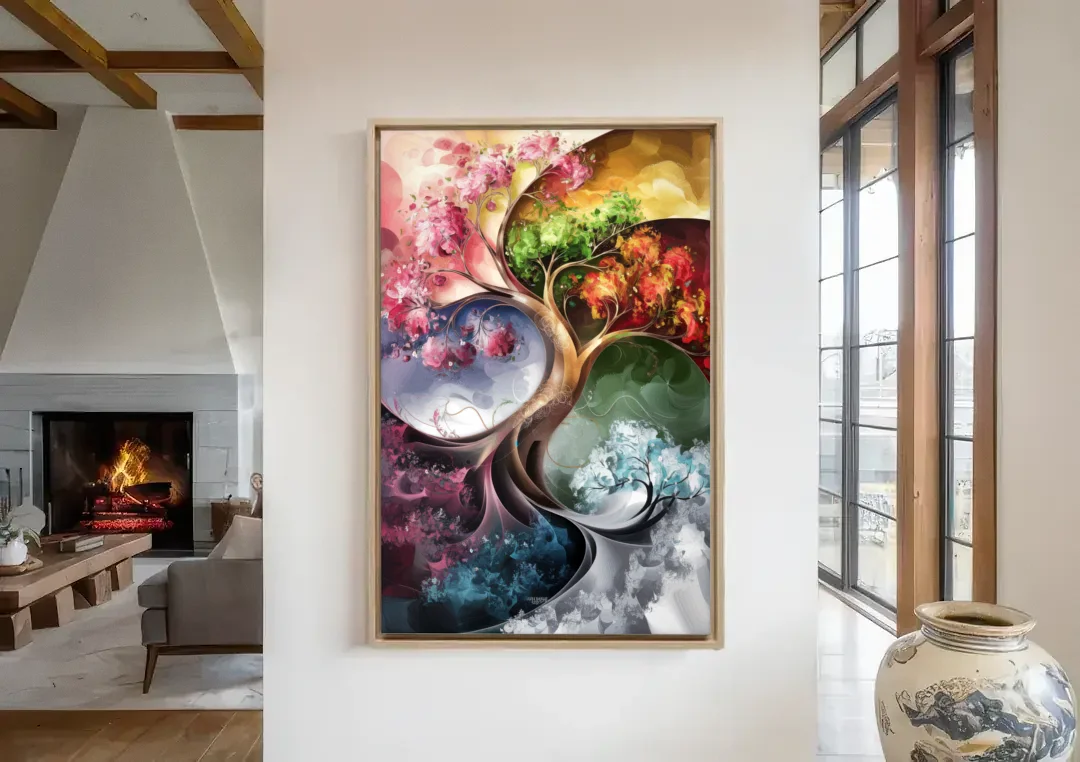 Ashland Vibrant Seasons canvas wall art in a living room with a fireplace