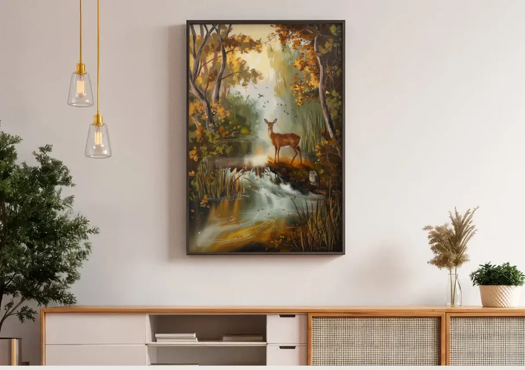 Ashland Wildlife Sanctuary canvas wall art above a wooden sideboard under pendant lights