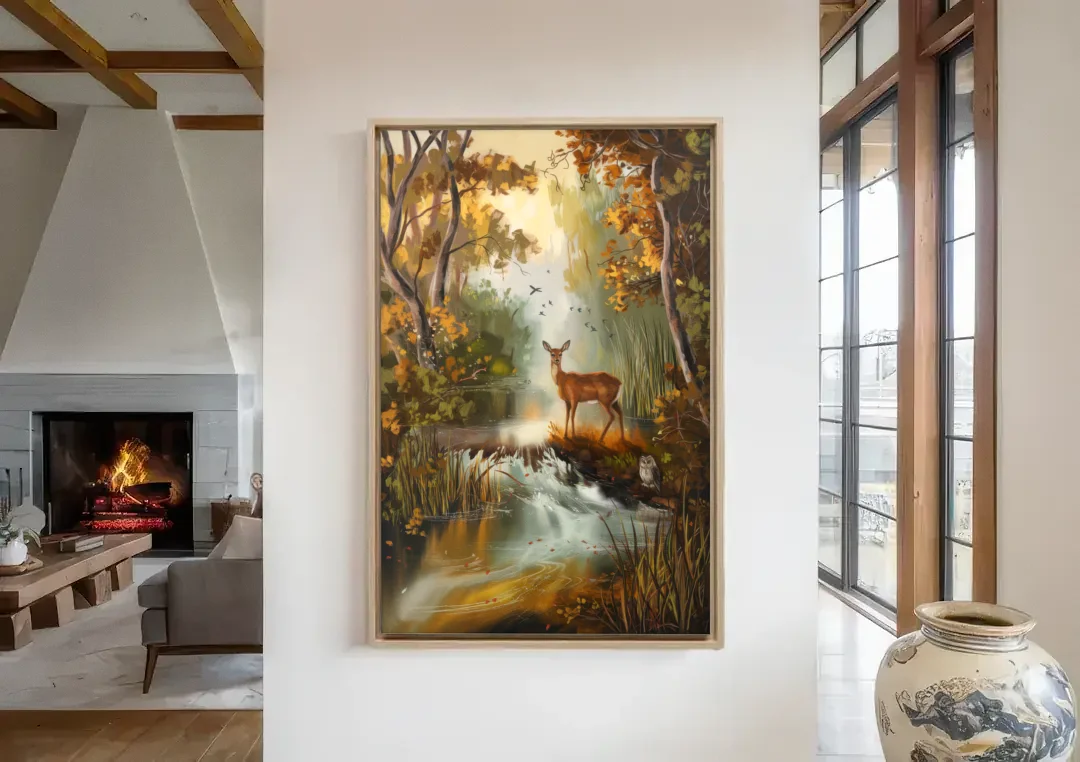 Ashland Wildlife Sanctuary canvas wall art in a living room with a fireplace