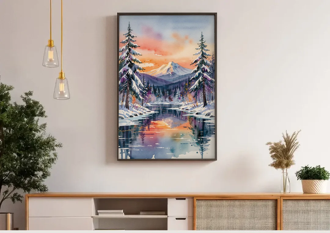 Ashland Winter Wonderland canvas wall art above a wooden sideboard under pendant lights