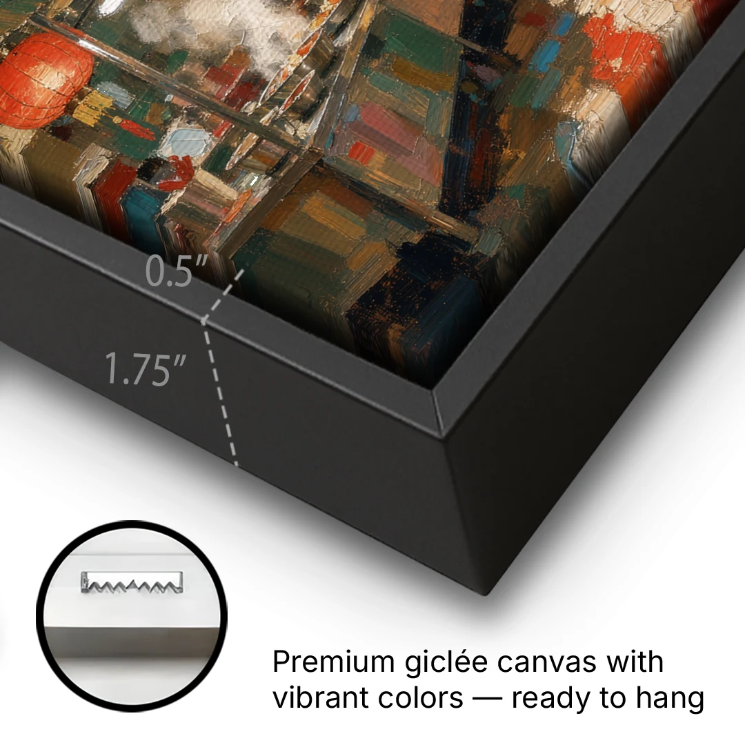 Asian Wall Art Night Market Lanterns - Black Framed Canvas Wall Art - Gallery Wrap Corner