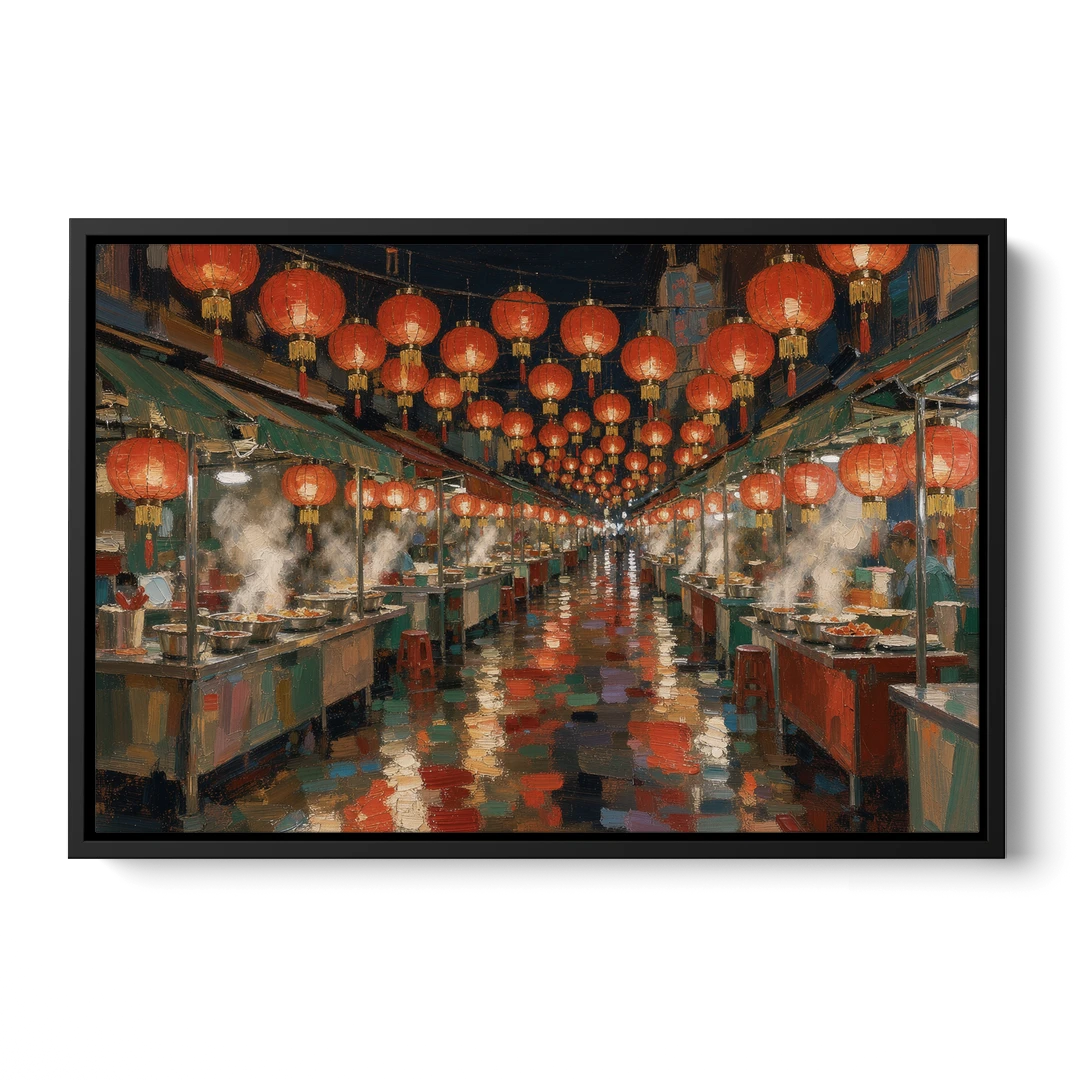 Asian Wall Art Night Market Lanterns - Black Framed Canvas Wall Art - Front