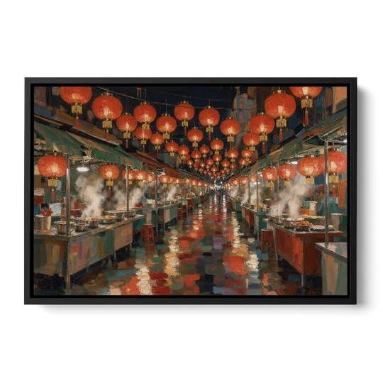Asian Wall Art Night Market Lanterns - Black Framed Canvas Wall Art - Front