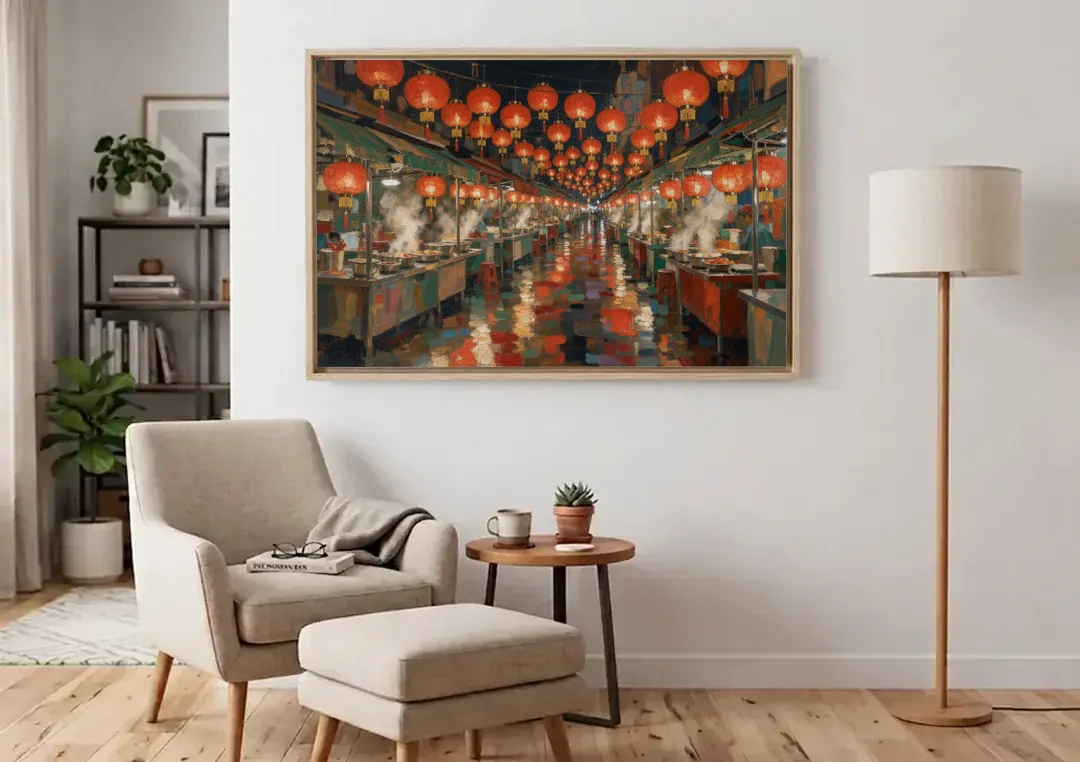 Asian Wall Art Night Market Lanterns canvas wall art above an armchair in a bright living room