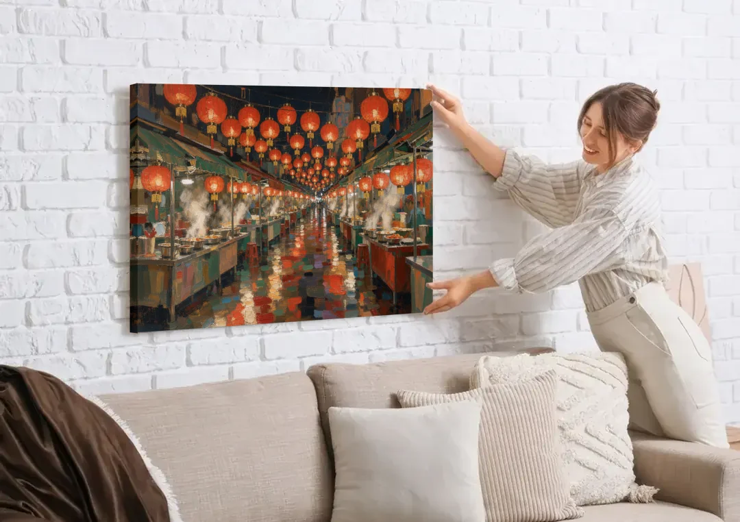 Asian Wall Art Night Market Lanterns canvas wall art being hung on a white brick wall above a sofa