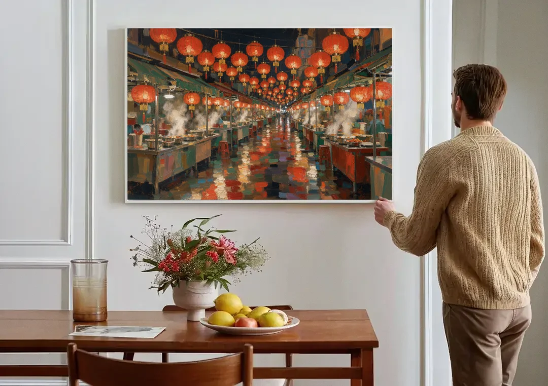 Asian Wall Art Night Market Lanterns canvas wall art above a dining table