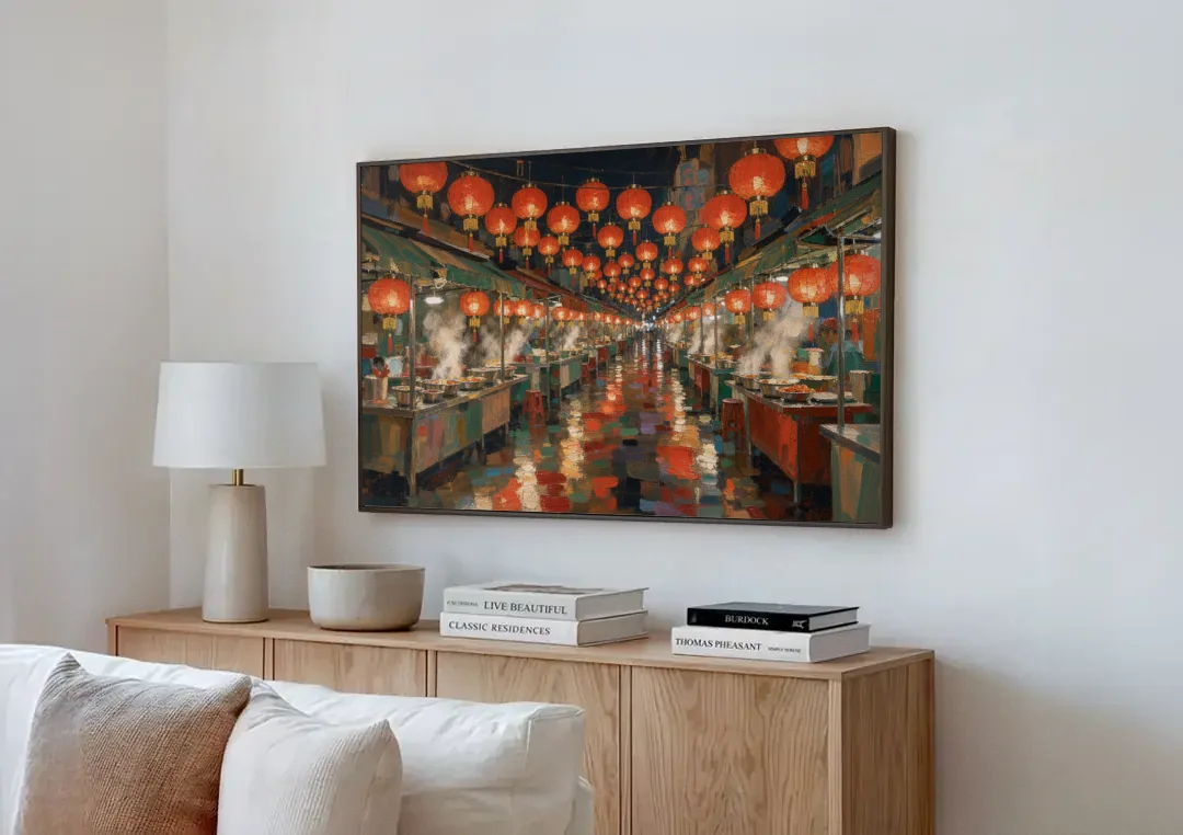 Asian Wall Art Night Market Lanterns canvas wall art above a wooden sideboard next to a sofa