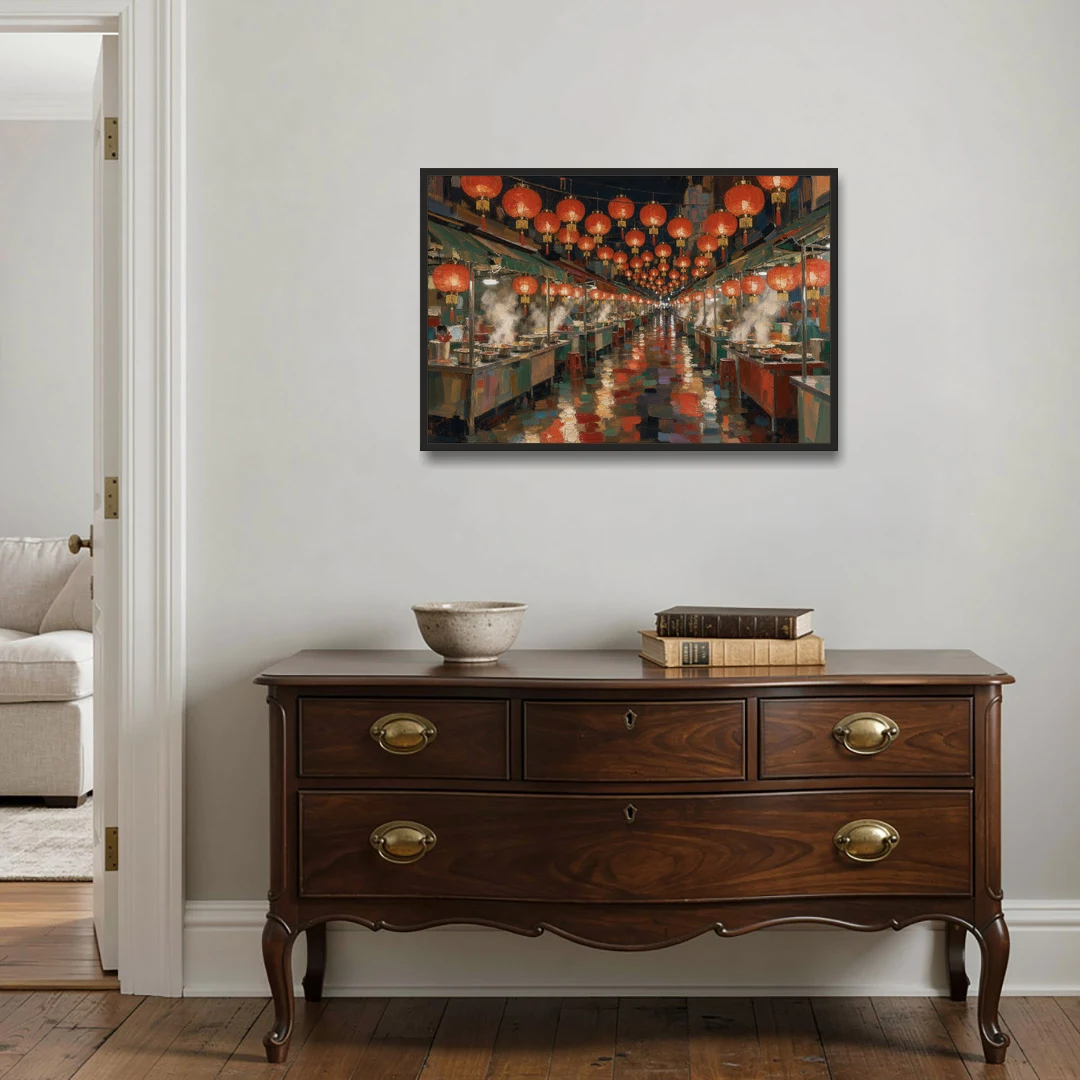 Asian Wall Art Night Market Lanterns - Black Framed Canvas Wall Art - Coffee Table - 36x24