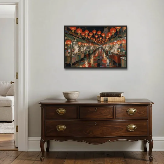 Asian Wall Art Night Market Lanterns - Black Framed Canvas Wall Art - Coffee Table - 36x24
