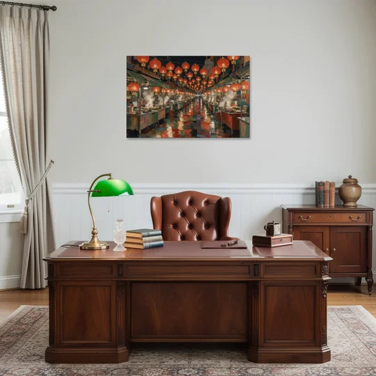 Asian Wall Art Night Market Lanterns - Canvas Wall Art - Office - 36x24