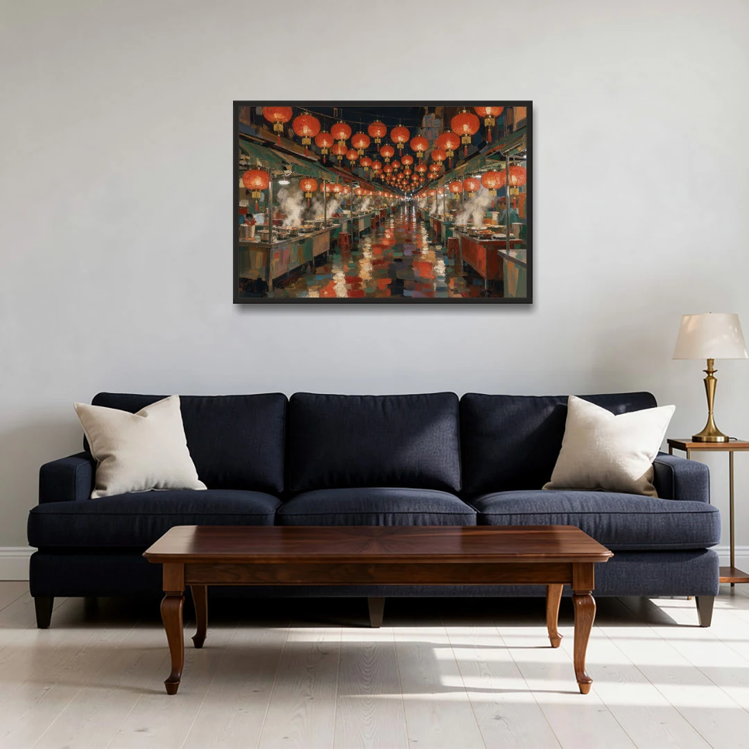 Asian Wall Art Night Market Lanterns - Black Framed Canvas Wall Art - Sofa - 36x24