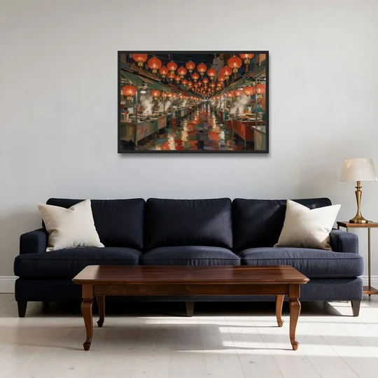 Asian Wall Art Night Market Lanterns - Black Framed Canvas Wall Art - Sofa - 36x24