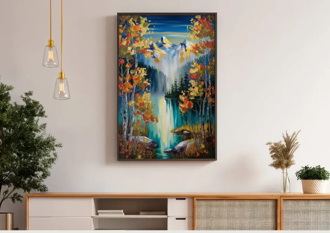 Aspen Alpine Serenity canvas wall art above a wooden sideboard under pendant lights