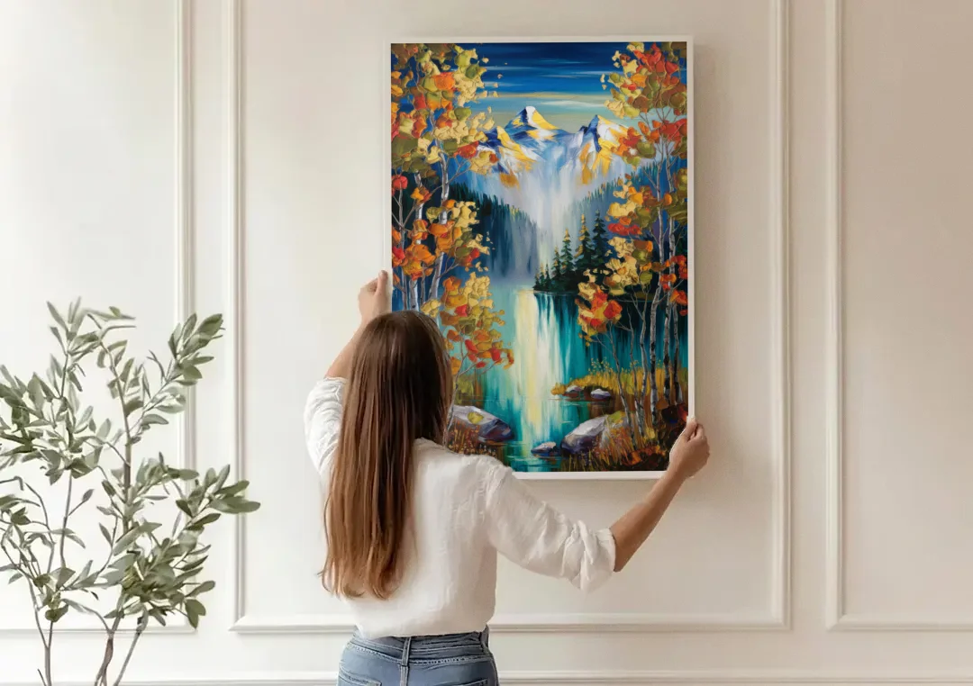 Aspen Alpine Serenity canvas wall art being hung on a paneled wall