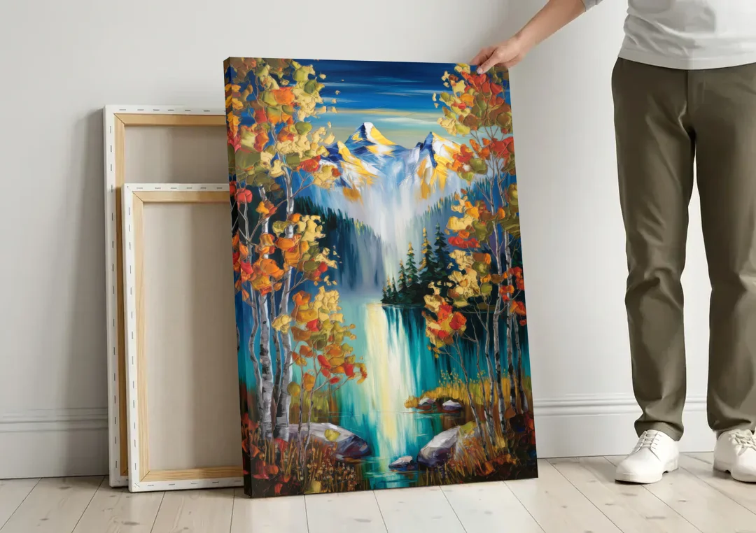 Aspen Alpine Serenity canvas wall art leaning against a wall next to blank canvases