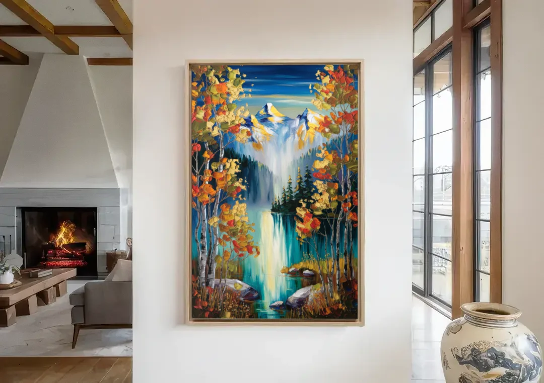 Aspen Alpine Serenity canvas wall art in a living room with a fireplace