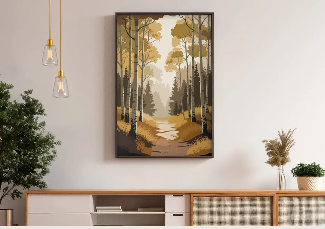 Aspen Dreamy Forest canvas wall art above a wooden sideboard under pendant lights