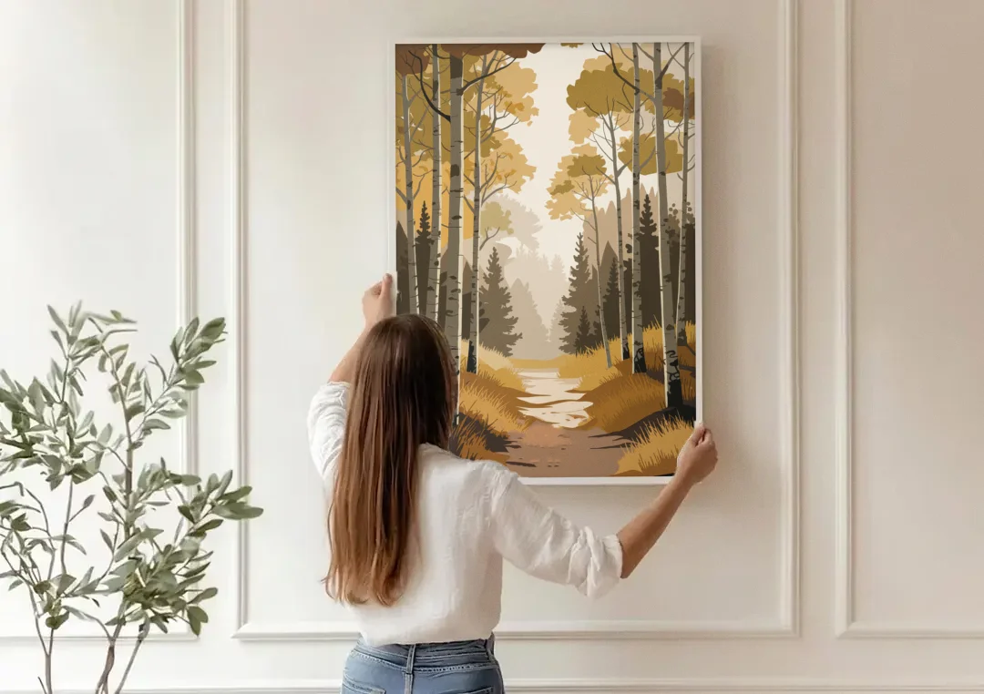 Aspen Dreamy Forest canvas wall art being hung on a paneled wall