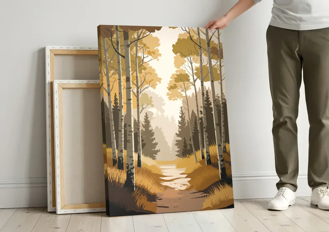 Aspen Dreamy Forest canvas wall art leaning against a wall next to blank canvases