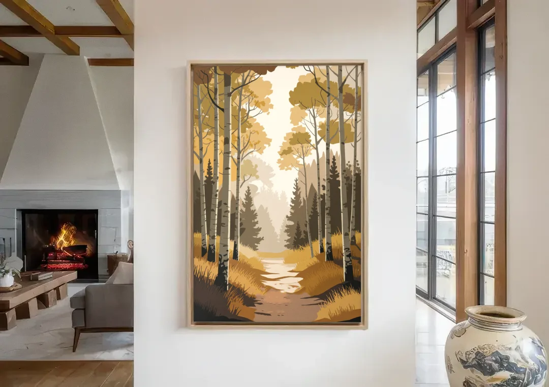 Aspen Dreamy Forest canvas wall art in a living room with a fireplace