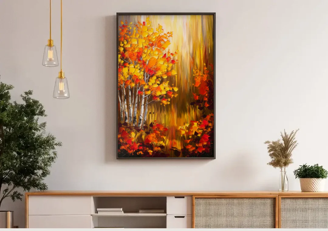 Aspen Forest in Autumn canvas wall art above a wooden sideboard under pendant lights