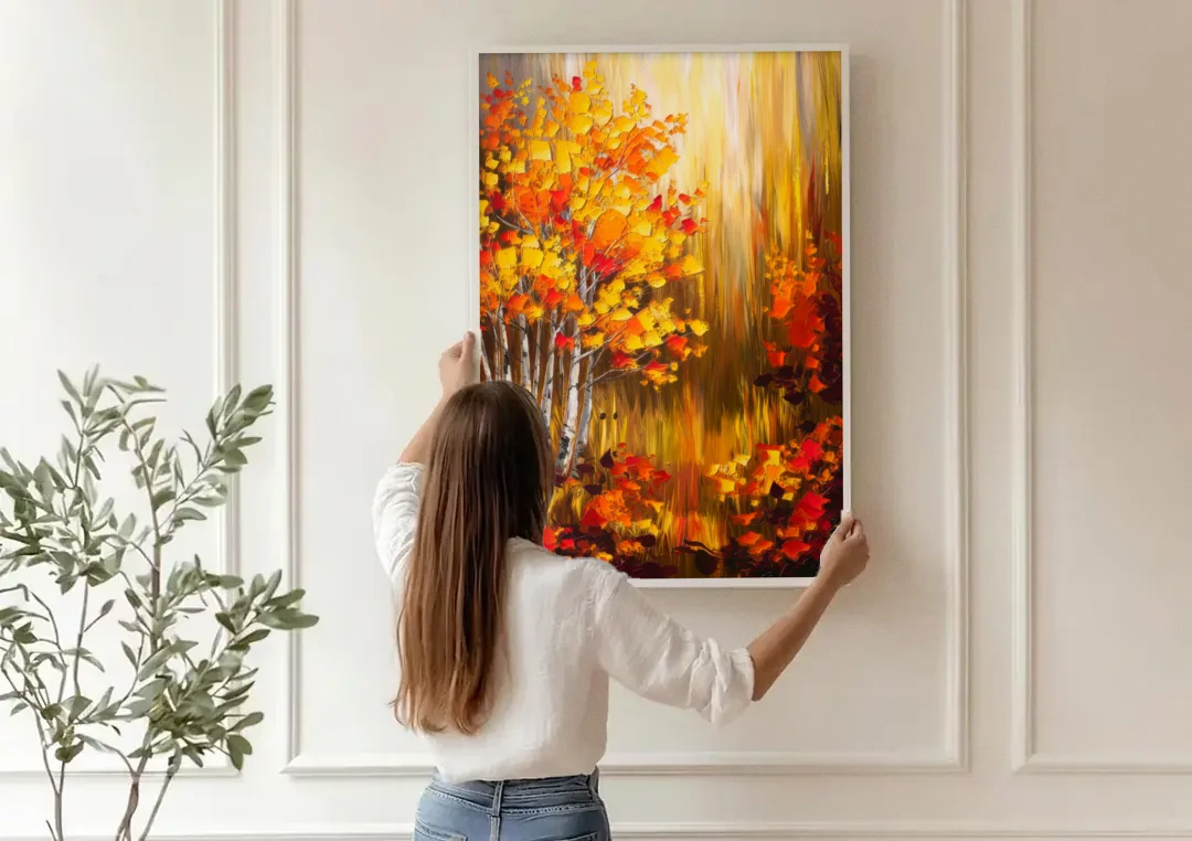Aspen Forest in Autumn canvas wall art being hung on a paneled wall