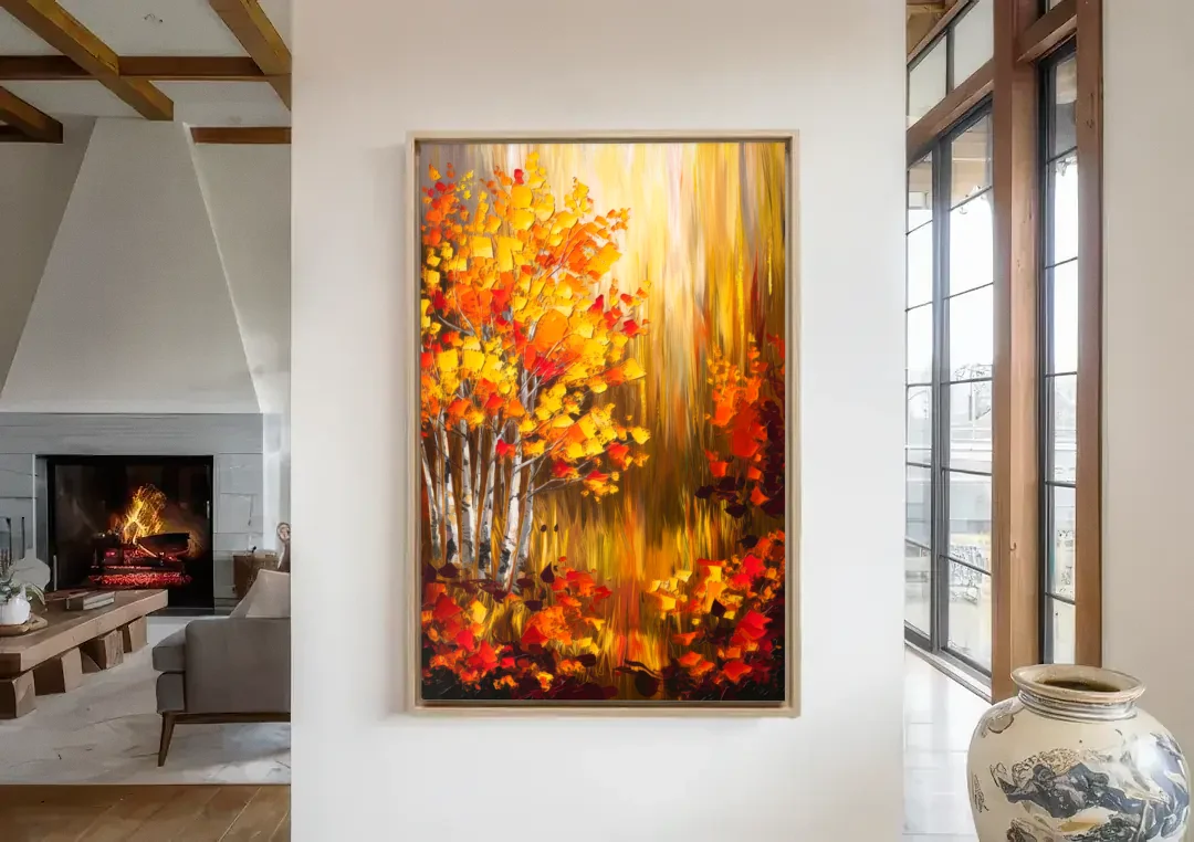 Aspen Forest in Autumn canvas wall art in a living room with a fireplace