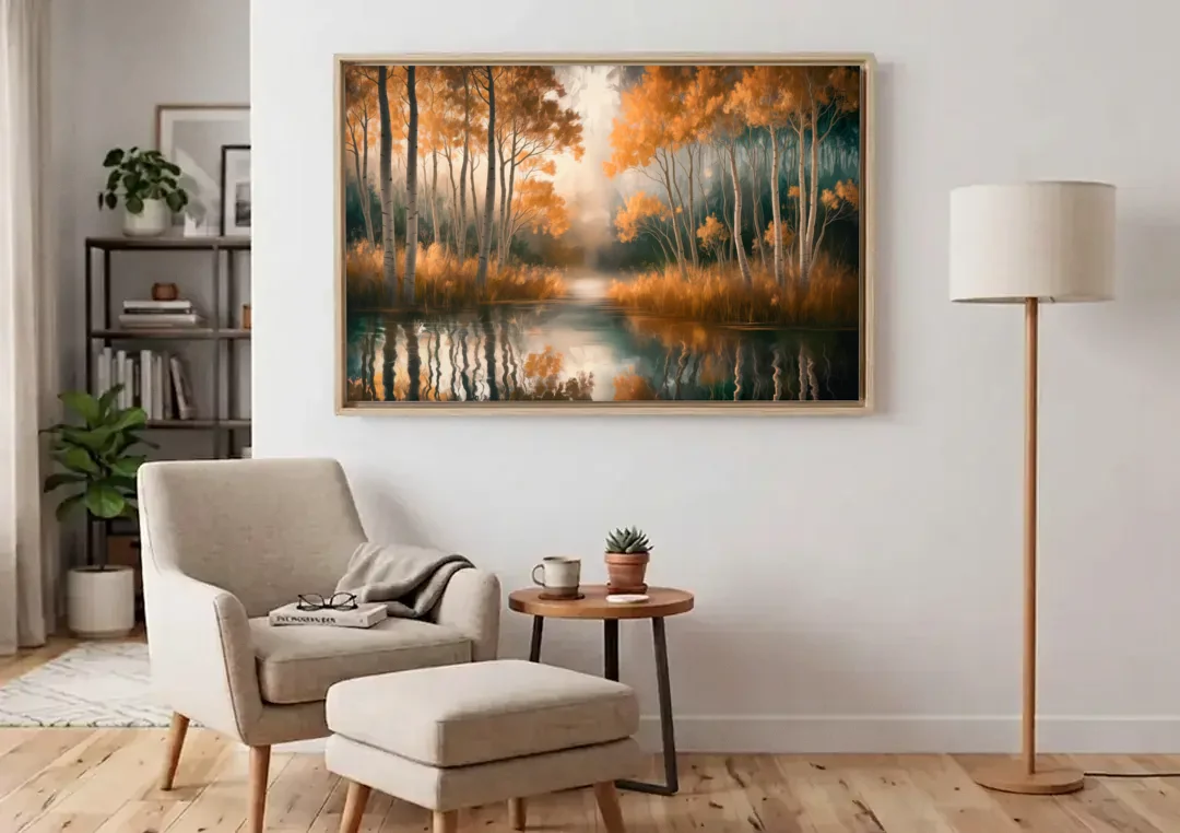 Aspen Forest Reflections canvas wall art above an armchair in a bright living room