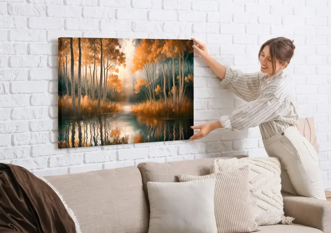Aspen Forest Reflections canvas wall art being hung on a white brick wall above a sofa