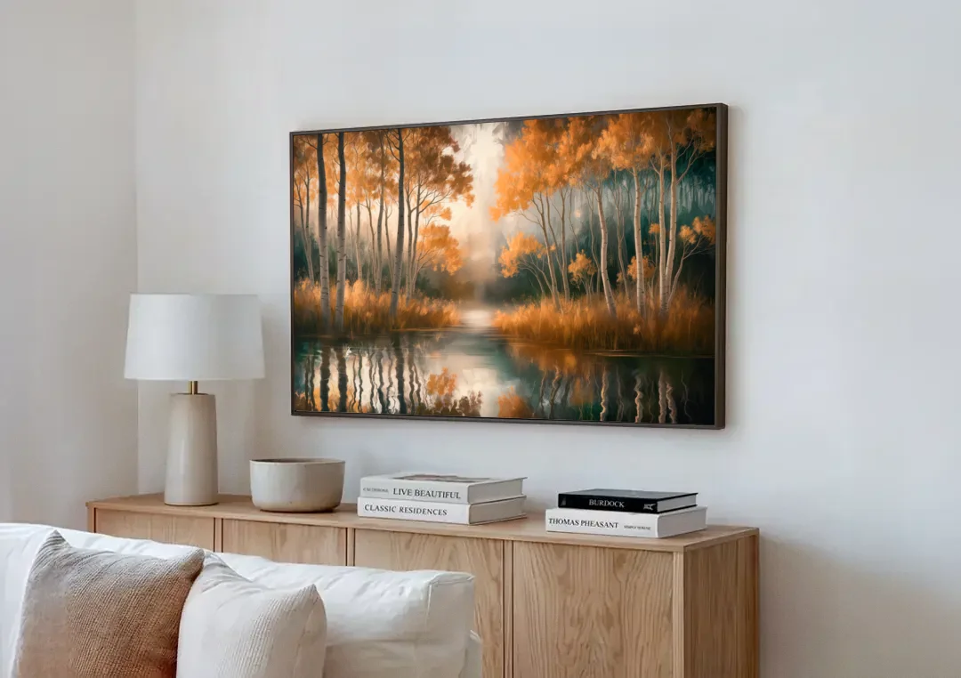 Aspen Forest Reflections canvas wall art above a wooden sideboard next to a sofa